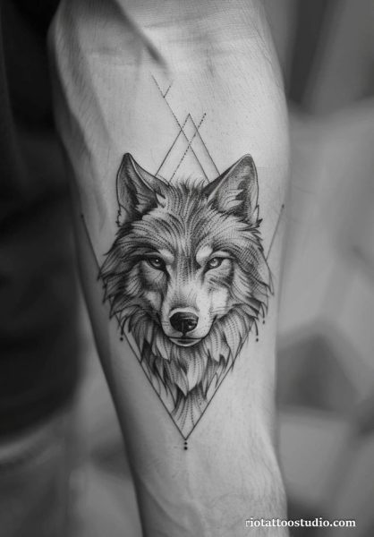 Geometric wolf face triangle patterns forearm tattoo, minimalist wolf tattoo