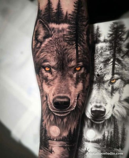 Dual wolf moon forest full forearm sleeve tattoo realistic, epic wolf tattoo
