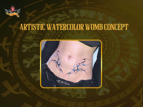 Womb tattoo watercolor blue black artistic lower abdomen, modern womb tattoo ideas