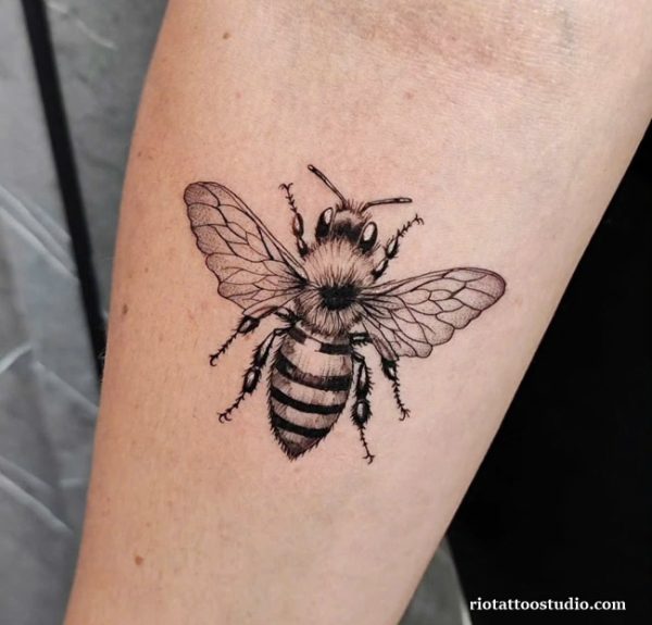 Detailed black and grey realistic bee tattoo with intricate wings on forearm