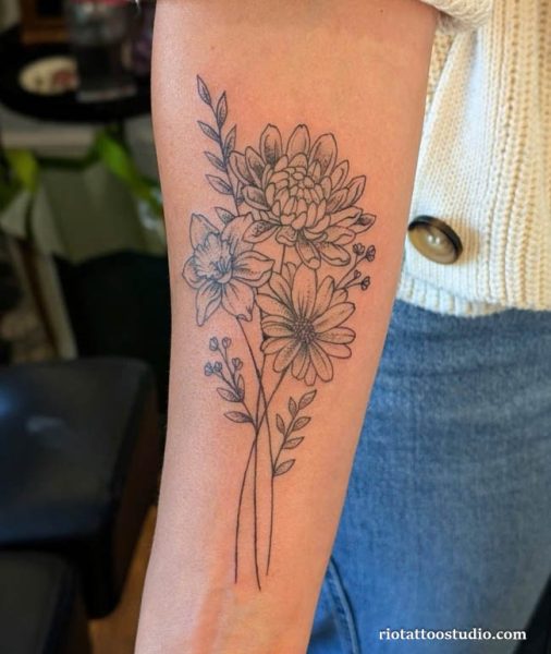 Fine line birth flower tattoo with chrysanthemum, daffodil and daisy on forearm, minimalist birth flower tattoo ideas