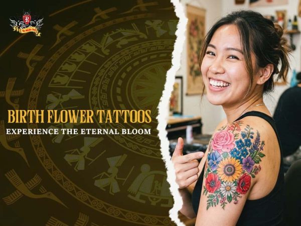 Colorful birth flower tattoo sleeve with rose, sunflower, poppy and blue flowers on woman’s shoulder, vibrant birth flower tattoo ideas