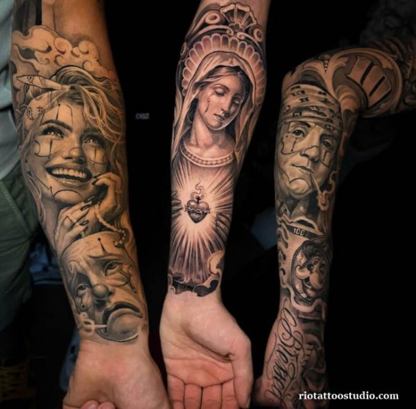 Three chicano forearm tattoos: smiling woman with teardrops, Virgin Mary with sacred heart, and man with bandana and clown mask, chicano tattoo ideas