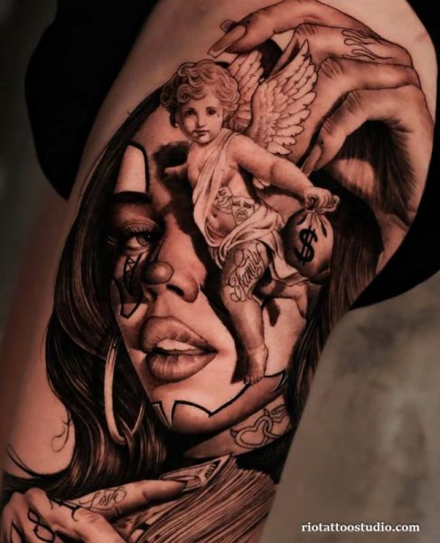 Chicano tattoo with woman’s face, cherub angel holding money bag and hands, realistic black and grey chicano tattoo ideas