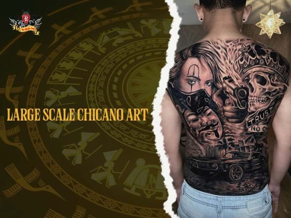 Large scale chicano back tattoo with portraits, gun, skull and lowrider car, full back chicano tattoo ideas
