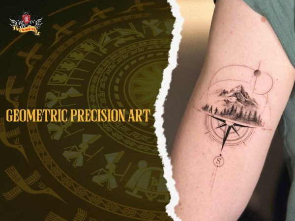 Geometric compass tattoo with mountain landscape, pine trees and hiking figures on upper arm, minimalist compass tattoo ideas