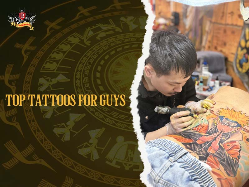 Male tattoo artist working on detailed Naruto anime tattoo on client’s leg at studio, cool tattoos for guys
