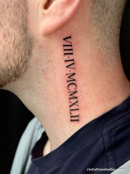 Vertical Roman numeral date tattoo VIII IV MCMXLII on guy’s neck, cool minimalist tattoo for guys