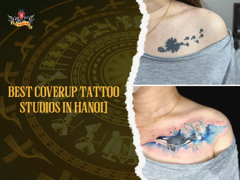 Before and after coverups tattoo on shoulder: old dark tattoo covered by colorful orca and flower design at Rio Tattoo Studio