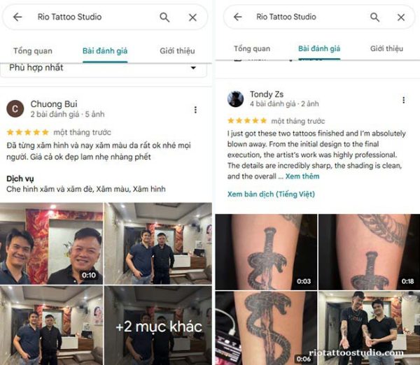 Screenshot of the consistent 5-star Google Maps rating and glowing customer reviews for Rio Tattoo Studio in Hanoi.