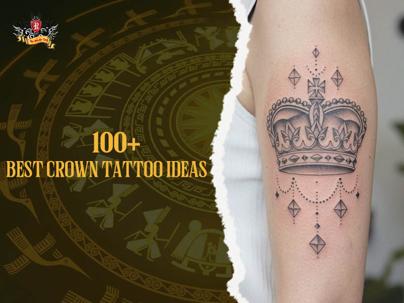 Detailed black and grey royal crown tattoo with diamonds and chains on upper arm, elegant crown tattoo ideas