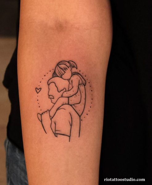 Minimalist dad daughter tattoo of father giving piggyback ride to daughter with heart accents