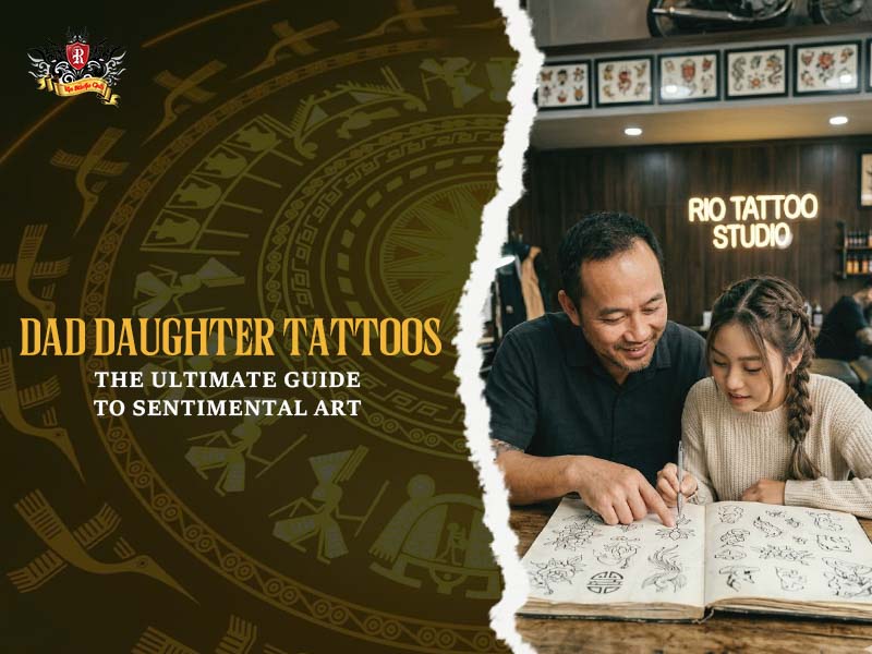Dad and daughter together at Rio Tattoo Studio choosing dad daughter tattoo designs from sketchbook