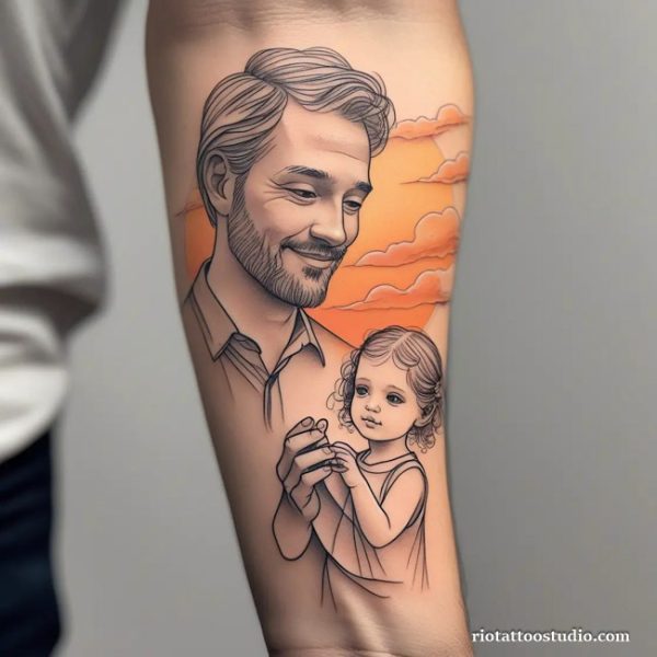 Realistic dad daughter tattoo with father and young daughter holding hands against sunset sky on upper arm