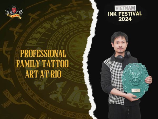 Tattoo artist from Rio Tattoo Studio holding award at Vietnam Ink Festival 2024, professional family tattoo artist