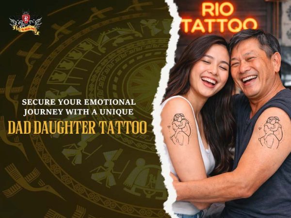 Happy dad and daughter laughing together showing matching dad daughter tattoos on their shoulders