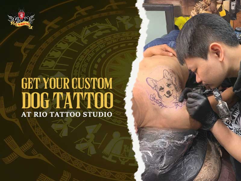 Professional artist at Rio Studio creating a custom portrait dog tattoo