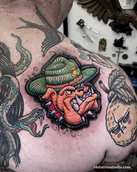 Black and grey embroidery tattoo with dense stitch texture