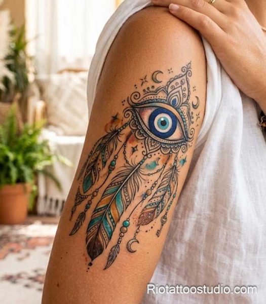Colorful blue evil eye tattoo with feathers, mandala and dreamcatcher details on shoulder, evil eye tattoo ideas