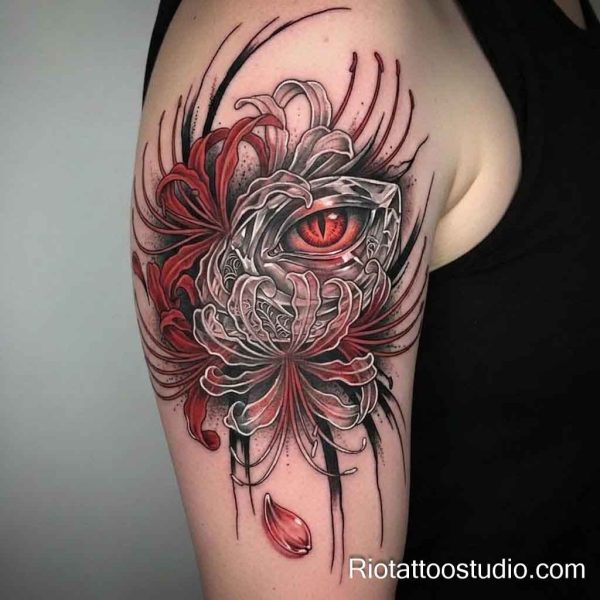 Red evil eye tattoo with spider lilies and crystal details on shoulder, evil eye tattoo ideas