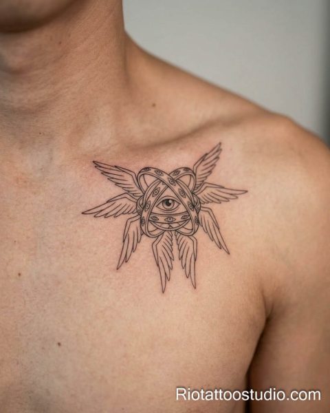 Symmetrical geometric evil eye tattoo on the back of the neck featuring sharp lines and a modern aesthetic.