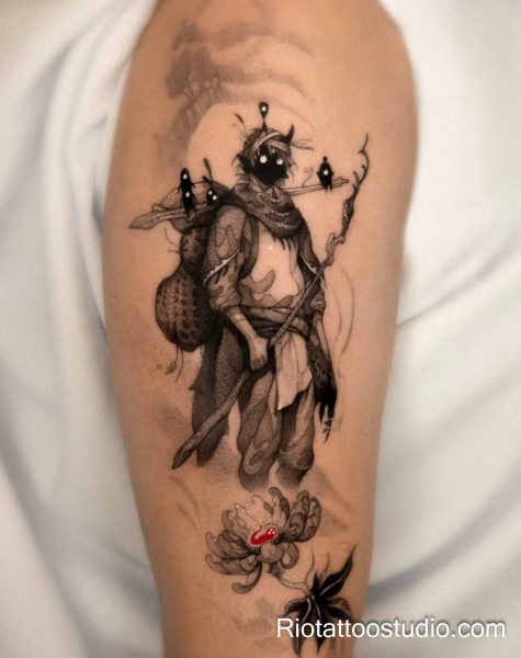 Mysterious traveler evil eye tattoo with black eyes, birds and lotus flower on arm, evil eye tattoo ideas