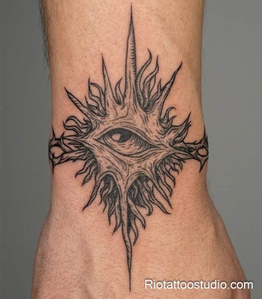 Fineline evil eye tattoo on the forearm featuring a realistic iris and delicate celestial rays by Rio Tattoo Studio.