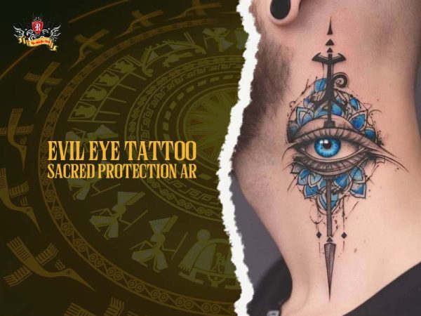 Blue evil eye tattoo with dagger, lotus flowers and mandala on neck, evil eye tattoo ideas
