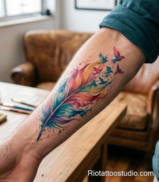 Rainbow watercolor feather tattoo with colorful birds flying from the tip on forearm, vibrant feather tattoo ideas