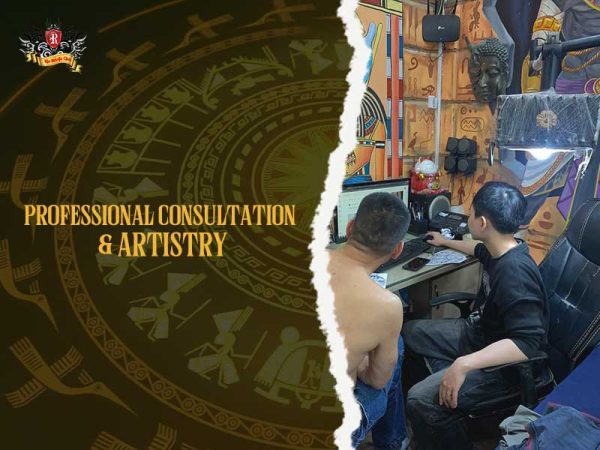 Tattoo artist giving professional consultation at Rio Tattoo Studio Hanoi, feather tattoo studio atmosphere
