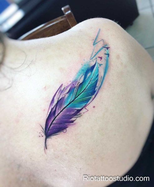 Purple teal watercolor feather tattoo with lightning and birds on shoulder, vibrant feather tattoo ideas
