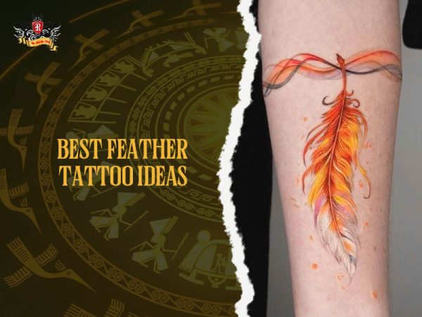 Vibrant watercolor feather tattoo in orange, red and yellow with flowing ribbon on arm, colorful feather tattoo ideas