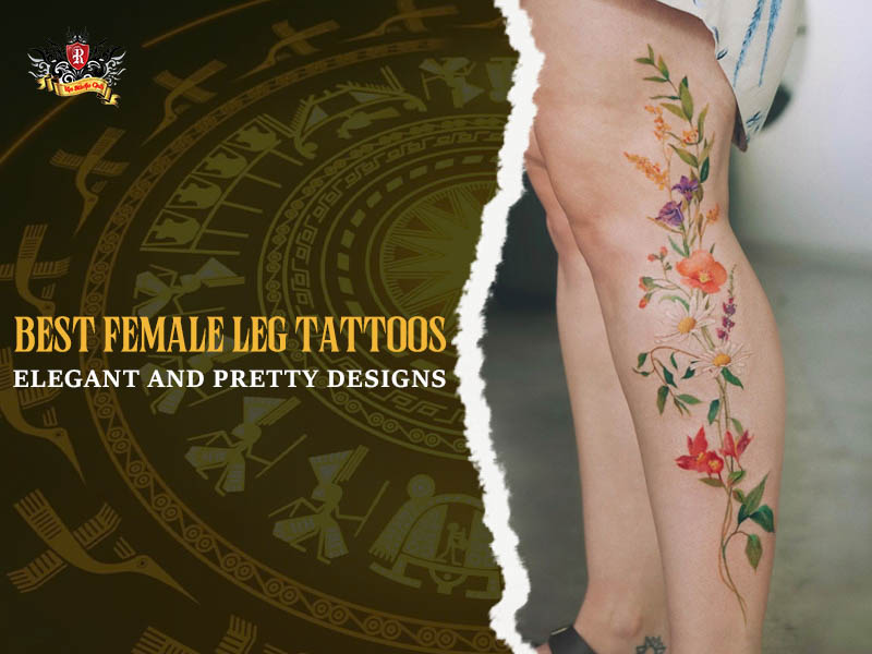 Elegant colorful floral vine leg tattoo with poppies and daisies on woman’s leg, pretty female leg tattoos