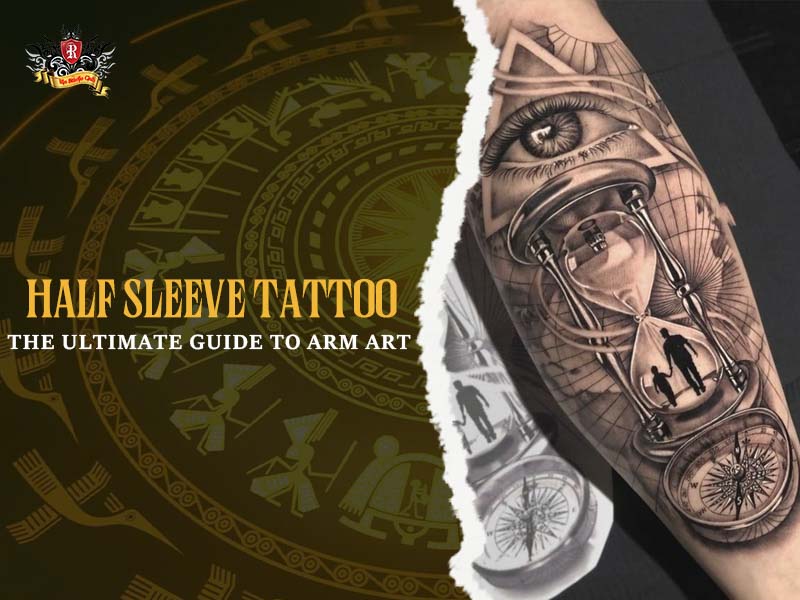 Realistic half sleeve tattoo with all-seeing eye, hourglass and compass on arm, detailed half sleeve tattoo ideas