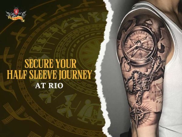 Half sleeve tattoo with compass, rosary beads and world map elements on shoulder and upper arm