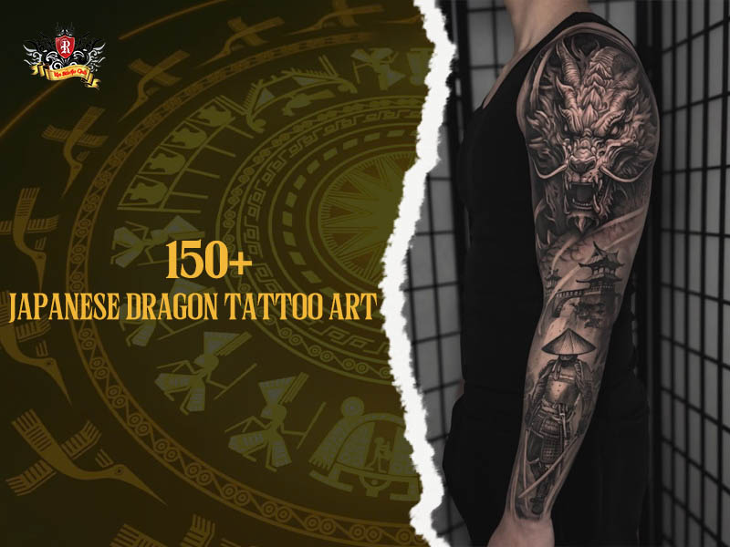 Detailed Japanese dragon tattoo sleeve with samurai warrior, pagoda and traditional elements, japanese dragon tattoo ideas