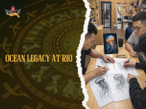 Artists at Rio Tattoo Studio sketching detailed jellyfish tattoo designs on paper with reference image, jellyfish tattoo ideas