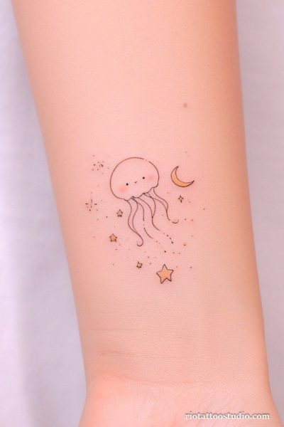 Cute minimalist cartoon jellyfish tattoo with smiling face, stars and crescent moon on wrist, jellyfish tattoo ideas