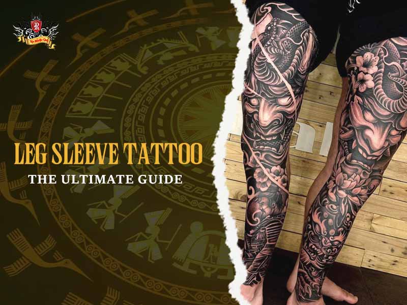 Full Japanese-style leg sleeve tattoo with oni mask and floral details on both legs, bold leg sleeve tattoo ideas