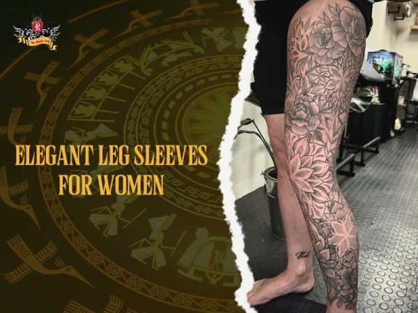 Elegant floral leg sleeve tattoo with peonies and leaves on woman’s leg, feminine leg sleeve tattoo ideas