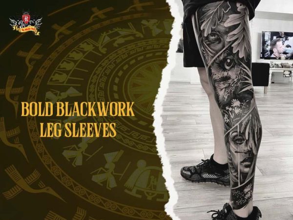 Bold blackwork leg sleeve tattoo with owl, wolf, and forest elements, dark leg sleeve tattoo ideas