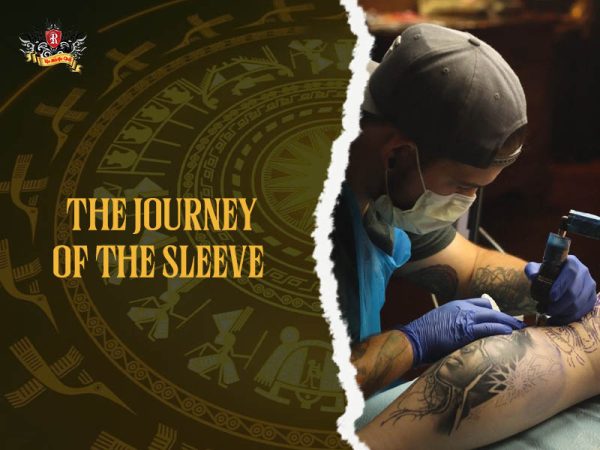 Tattoo artist working on leg sleeve tattoo in progress at Rio Tattoo Studio, professional leg sleeve process