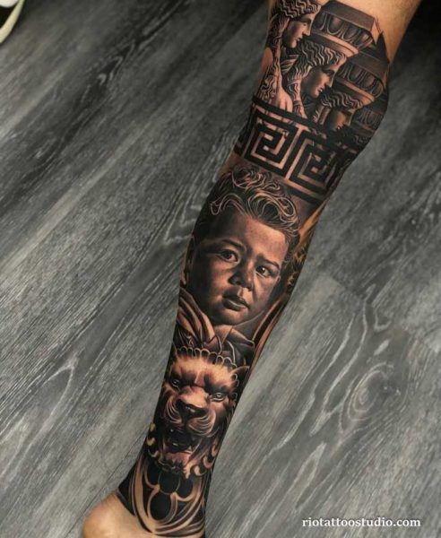 Realistic leg sleeve tattoo with child portrait, Greek statues and lion on calf, meaningful leg sleeve tattoo ideas