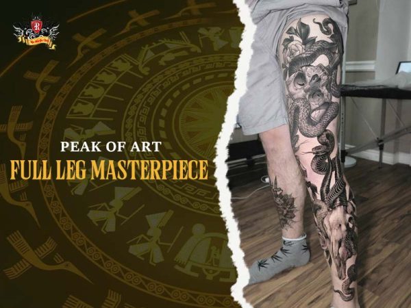 Full leg sleeve tattoo masterpiece with snakes, skulls, and flowers on man’s leg, epic leg sleeve tattoo ideas