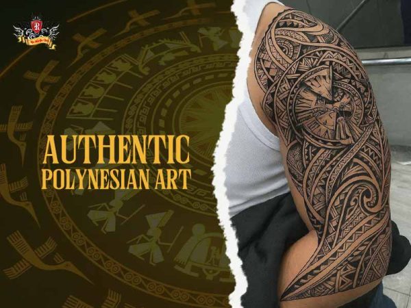 Detailed Polynesian shoulder and chest tattoo blending geometric tribal patterns with negative space.