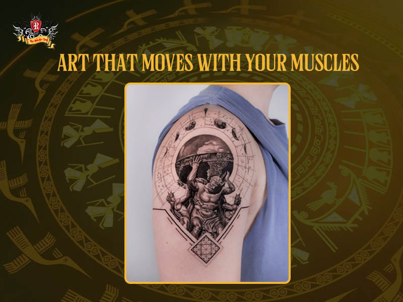 Dynamic shoulder tattoo idea for men designed to move with muscles