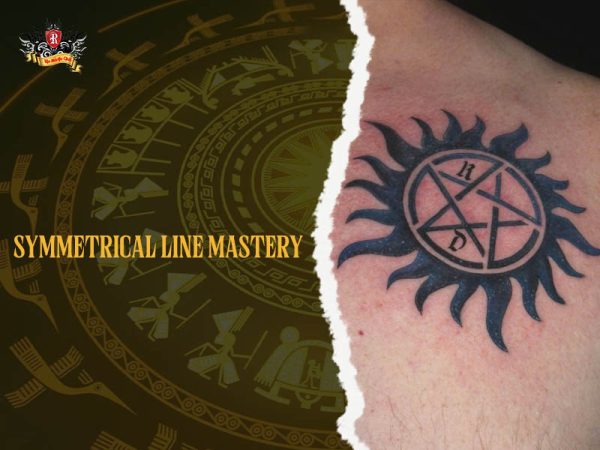 Symmetrical anti-demon supernatural tattoo with pentagram and sun rays on shoulder, supernatural tattoo ideas
