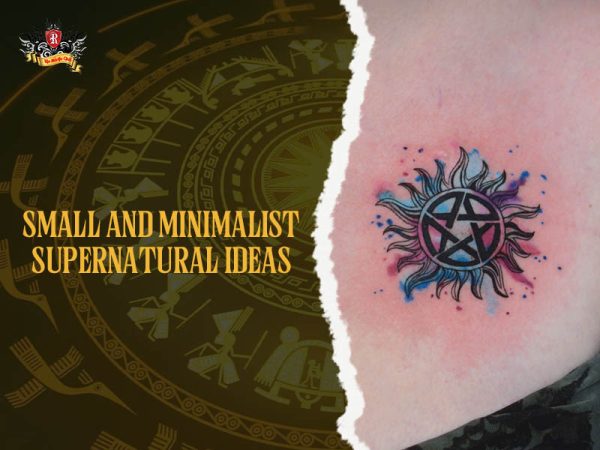 Small minimalist supernatural tattoo with colorful watercolor splashes and anti-demon pentagram, supernatural tattoo ideas