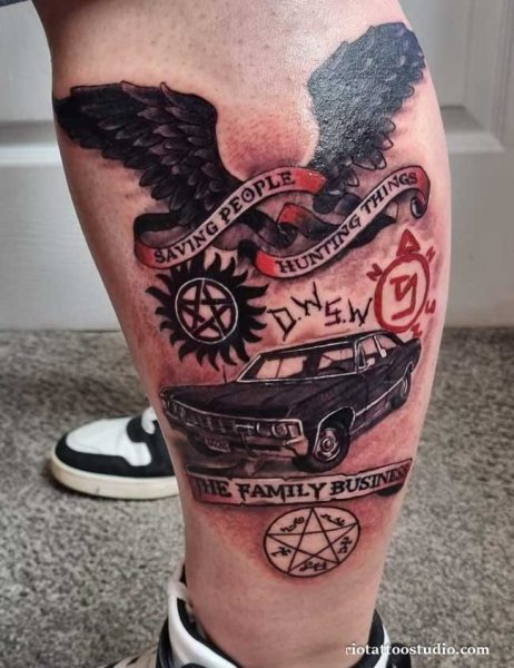 Supernatural tattoo with Impala car, angel wings, saving people hunting things banner and anti-demon symbols on leg, supernatural tattoo ideas