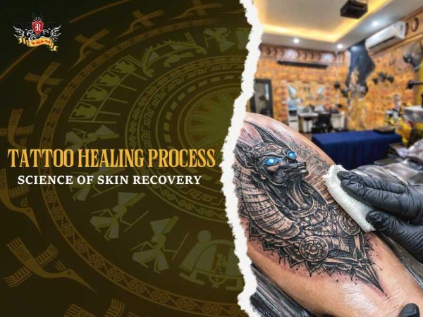 Professional aftercare during tattoo healing process – gentle cleaning of fresh black and grey tattoo, tattoo healing process